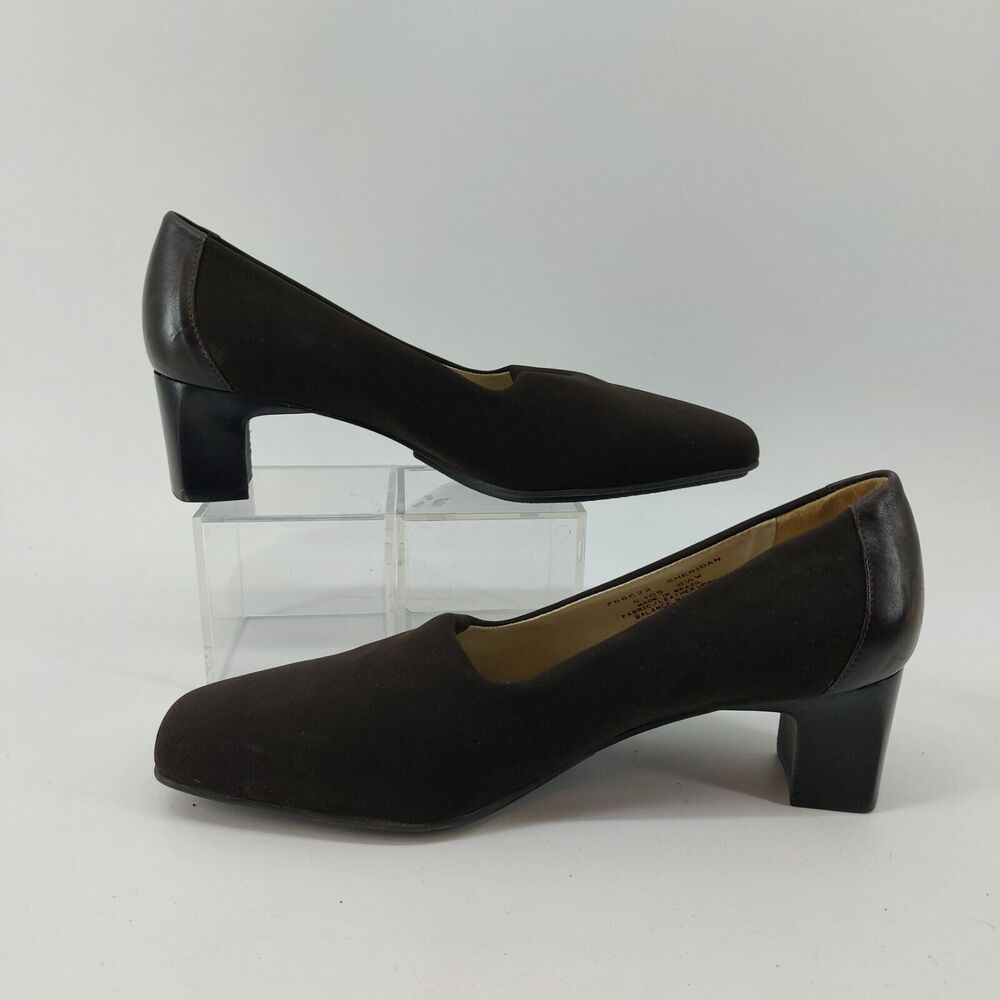 Talbots Womens 8.5 Sheridan Dark Brown Pumps Square Heel Stretch Fabric Leather